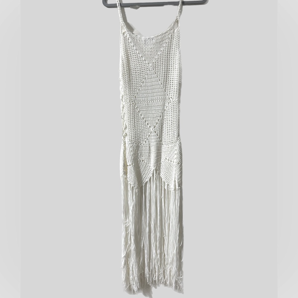 White Crochet Fringe Dress Coverup